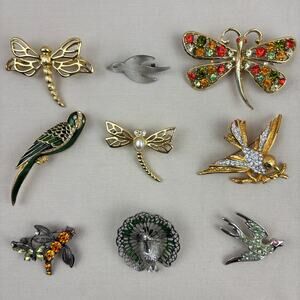Vintage Brooch Lot Dragonfly Butterfly Birds Peacock Rhinestones Crystals